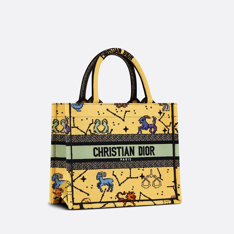 Hot Dior Book Tote Pixel Zodiac Motif Canvas Yellow