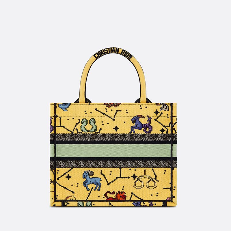 Hot Dior Book Tote Pixel Zodiac Motif Canvas Yellow