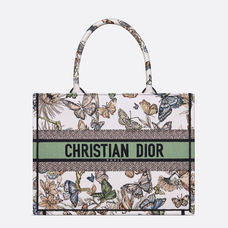 Hot Dior Book Tote Toile de Jouy Mexico Motif Canvas White Green