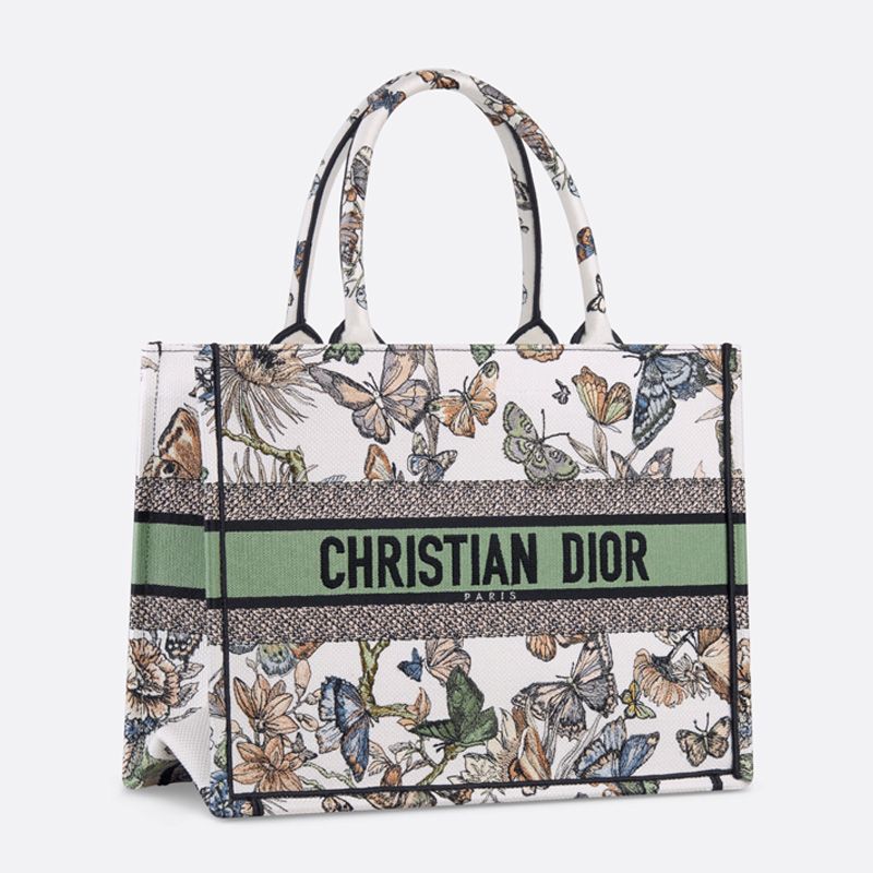 Hot Dior Book Tote Toile de Jouy Mexico Motif Canvas White Green