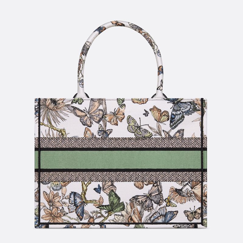 Hot Dior Book Tote Toile de Jouy Mexico Motif Canvas White Green