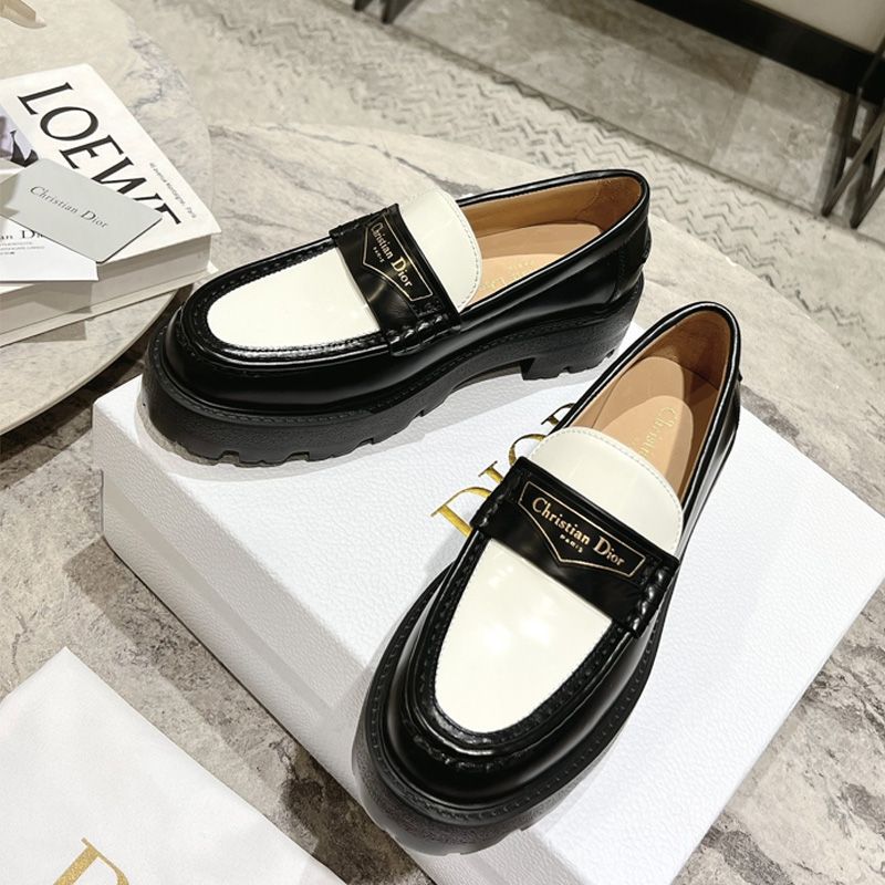 Dior Boy Platform Loafers Women Brushed Calfskin Black White Hot Sale