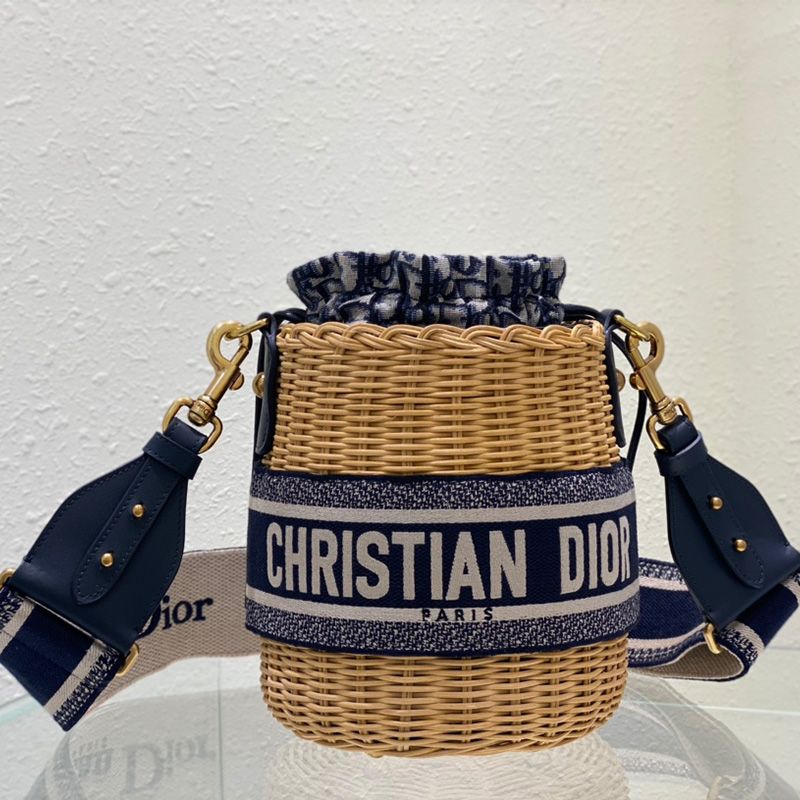 Dior Bucket Bag Wicker and Oblique Motif Canvas Blue Hot Sale