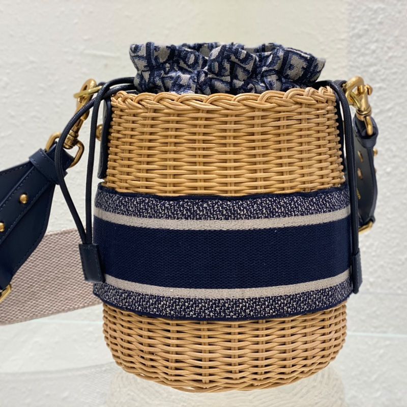 Dior Bucket Bag Wicker and Oblique Motif Canvas Blue Hot Sale