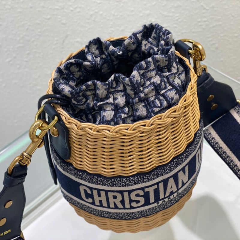 Dior Bucket Bag Wicker and Oblique Motif Canvas Blue Hot Sale