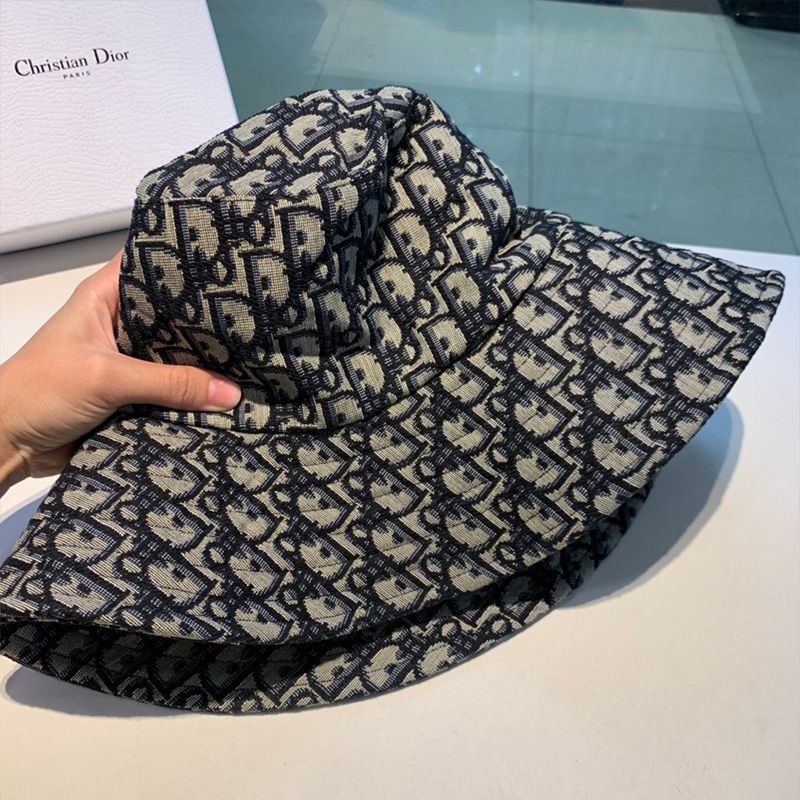 Hot Dior Bucket Hat Oblique Motif Cotton Navy Blue