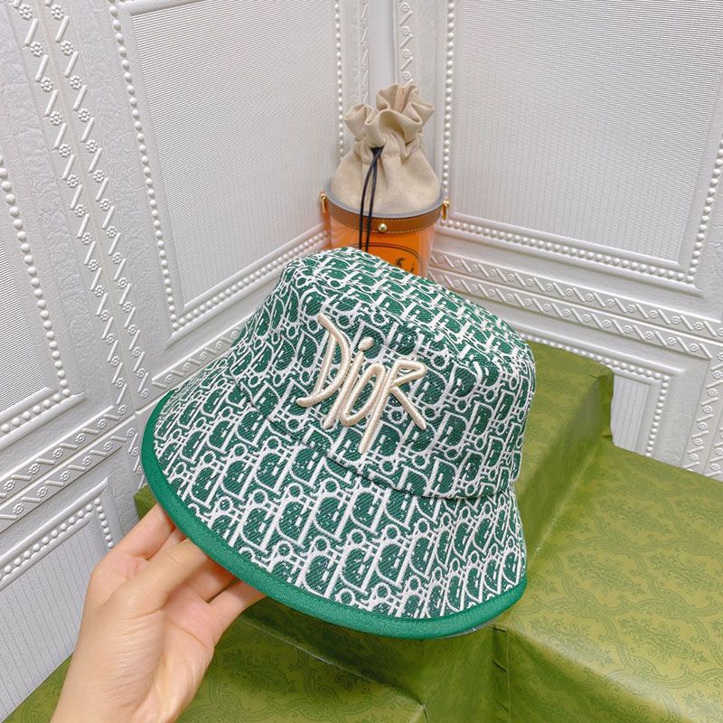 Hot Dior Bucket Hat Shawn Logo D-Oblique Motif Cotton Green