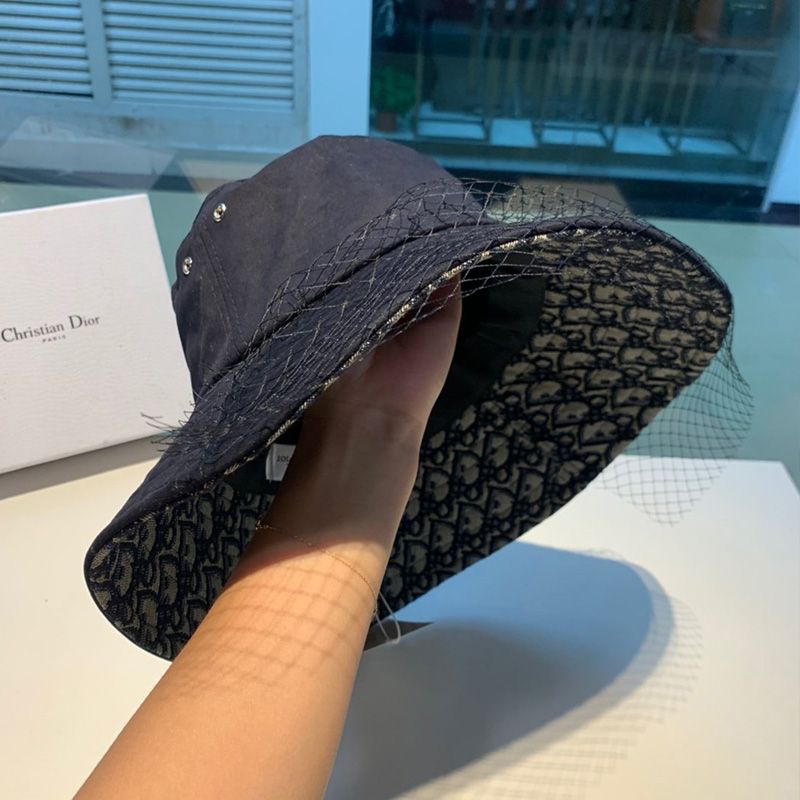 Dior Bucket Hat Teddy Oblique Motif Cotton With Veil Navy Blue Hot Sale