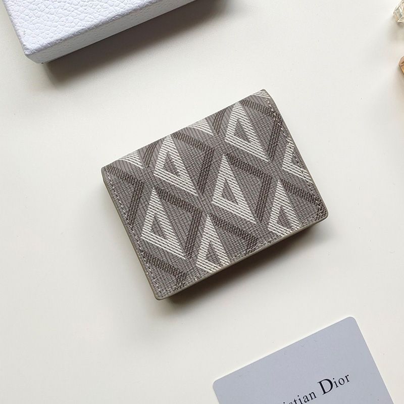 Hot Dior Business Card Holder CD Diamond Motif Calfskin Grey