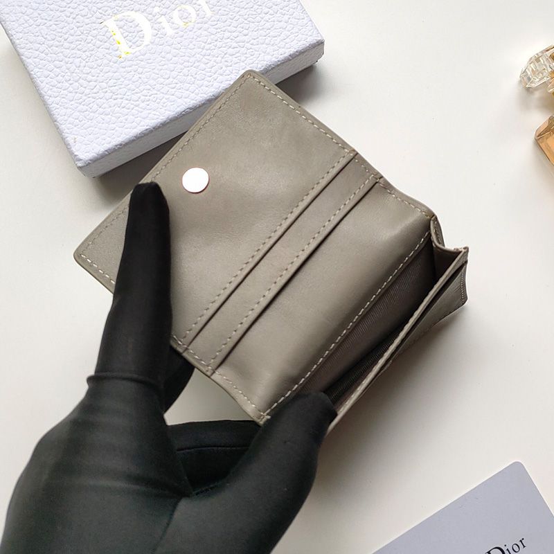 Hot Dior Business Card Holder CD Diamond Motif Calfskin Grey