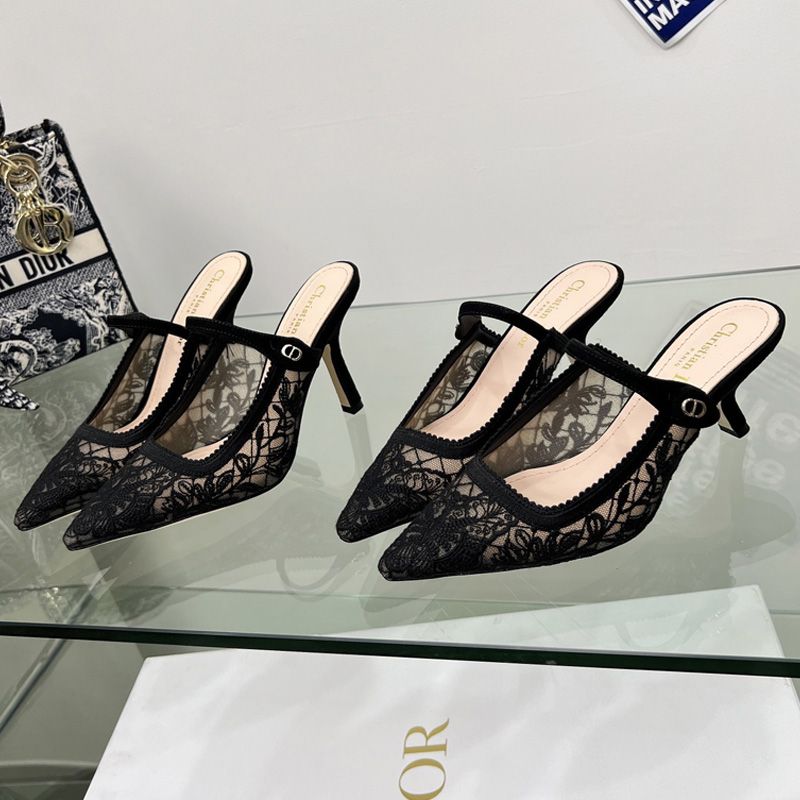 Hot Dior Capture Heeled Mules Women Butterfly Motif Transparent Mesh Black