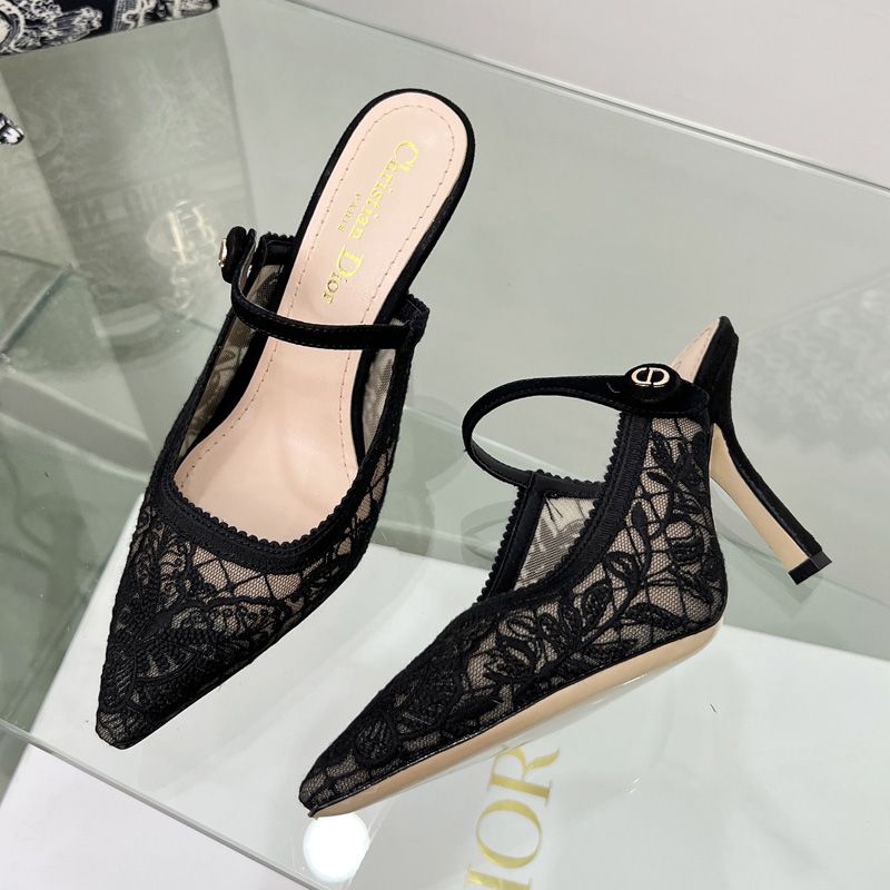 Hot Dior Capture Heeled Mules Women Butterfly Motif Transparent Mesh Black