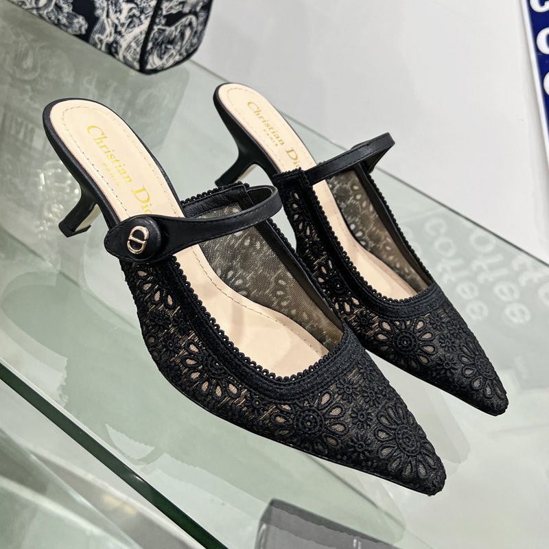 Dior Capture Heeled Mules Women Saint-Gall Floral Motif Transparent Mesh Black Hot Sale