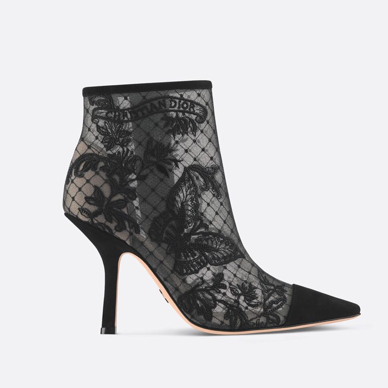 Hot Dior Capture Heeled Ankle Boots Women Butterfly Motif Transparent Mesh Black