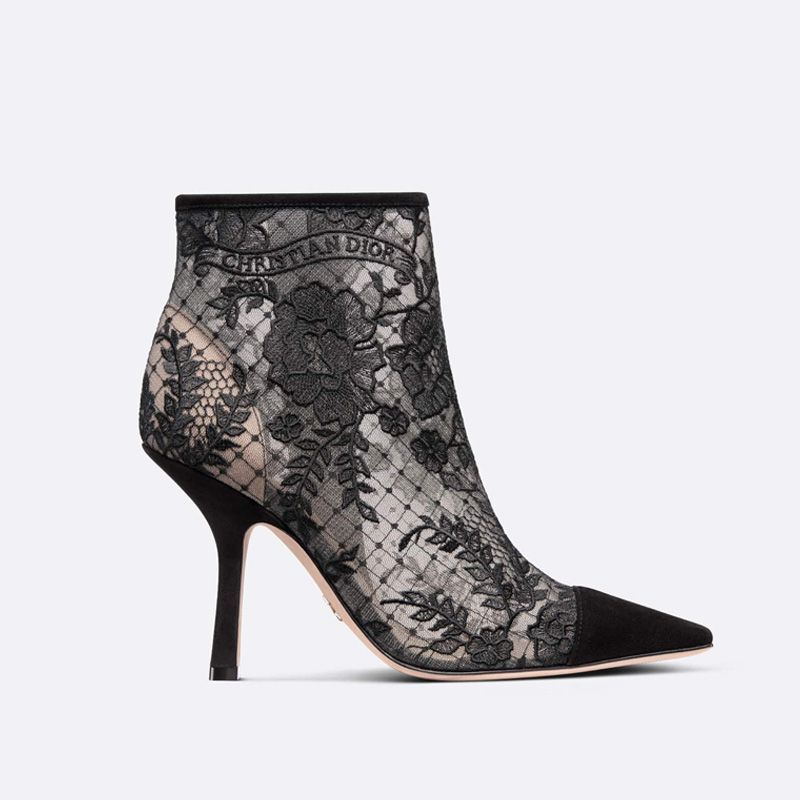 Dior Capture Heeled Ankle Boots Women Roses Motif Transparent Mesh Black Hot Sale