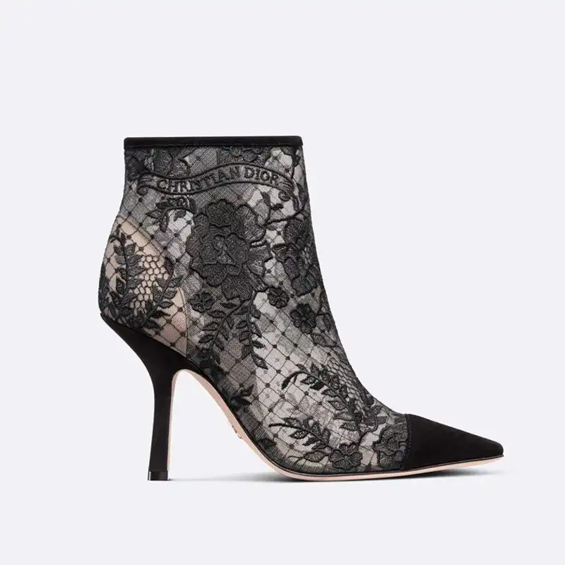 Affordable Hot Dior Capture Heeled Ankle Boots Women Roses Motif Transparent Mesh Black