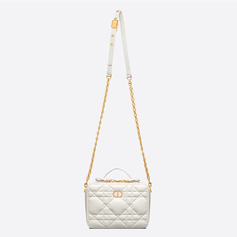 Hot Dior Caro Box Bag with Chain Cannage Calfskin White