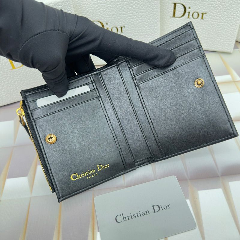 Hot Dior Caro Dahlia Card Holder Grained Calfskin Black