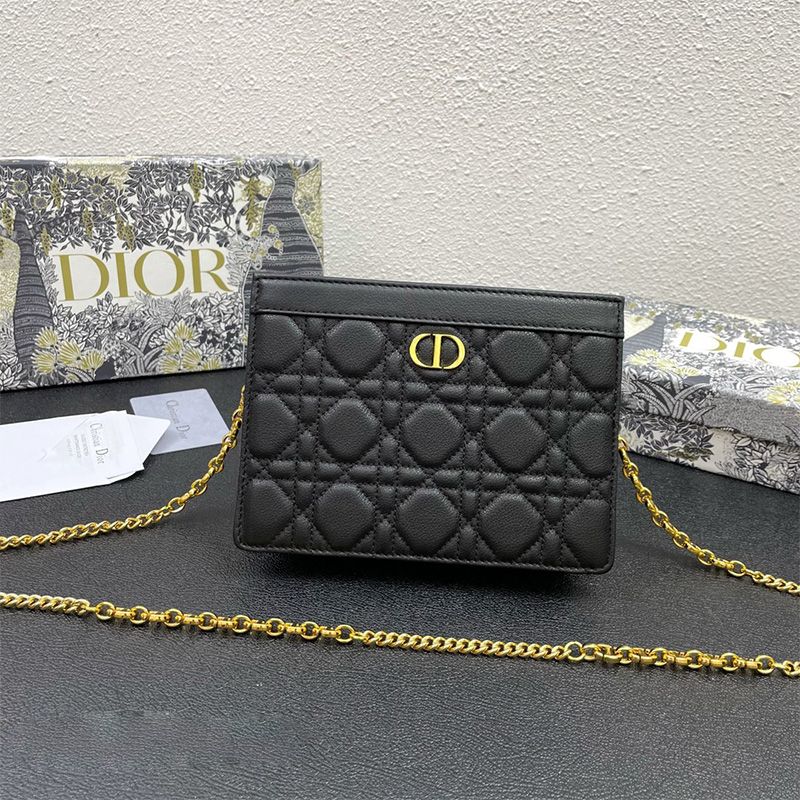 Hot Dior Caro Zipped Pouch with Chain Cannage Calfskin Black