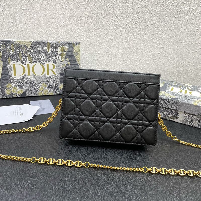 Dior Caro Zipped Pouch with Chain Cannage Calfskin Black Hot Sale