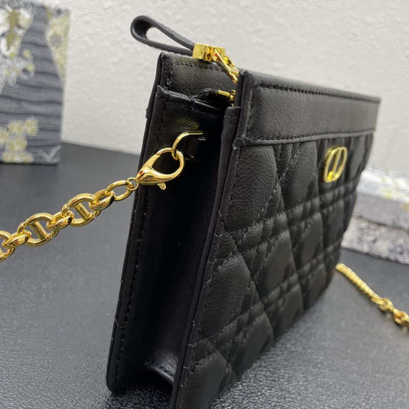 Dior Caro Zipped Pouch with Chain Cannage Calfskin Black Hot Sale