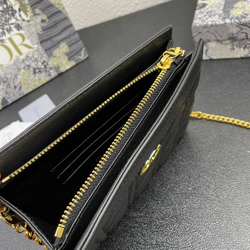 Dior Caro Zipped Pouch with Chain Cannage Calfskin Black Hot Sale