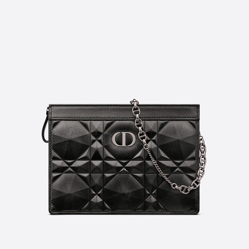 Hot Dior Caro Zipped Pouch with Chain Cannage Calfskin with Diamond Motif Black