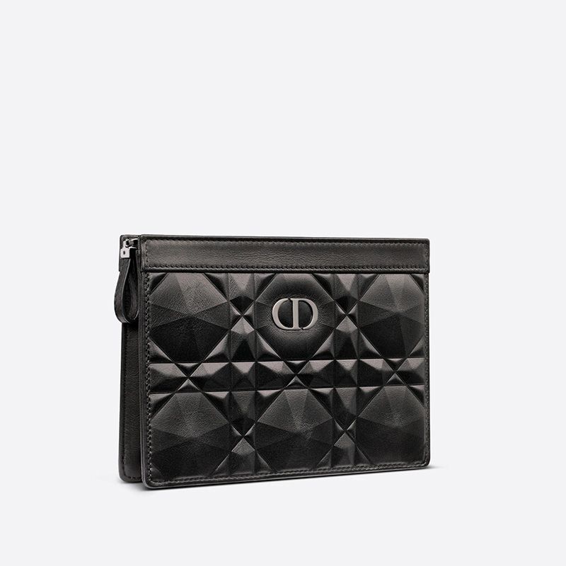 Dior Caro Zipped Pouch with Chain Cannage Calfskin with Diamond Motif Black Hot Sale