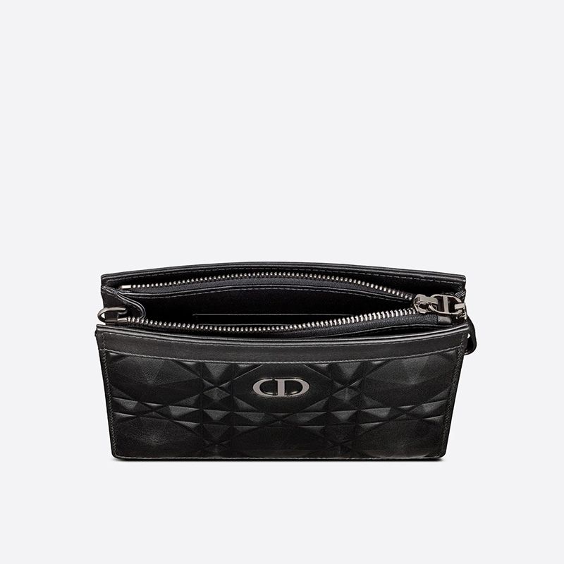 Dior Caro Zipped Pouch with Chain Cannage Calfskin with Diamond Motif Black Hot Sale