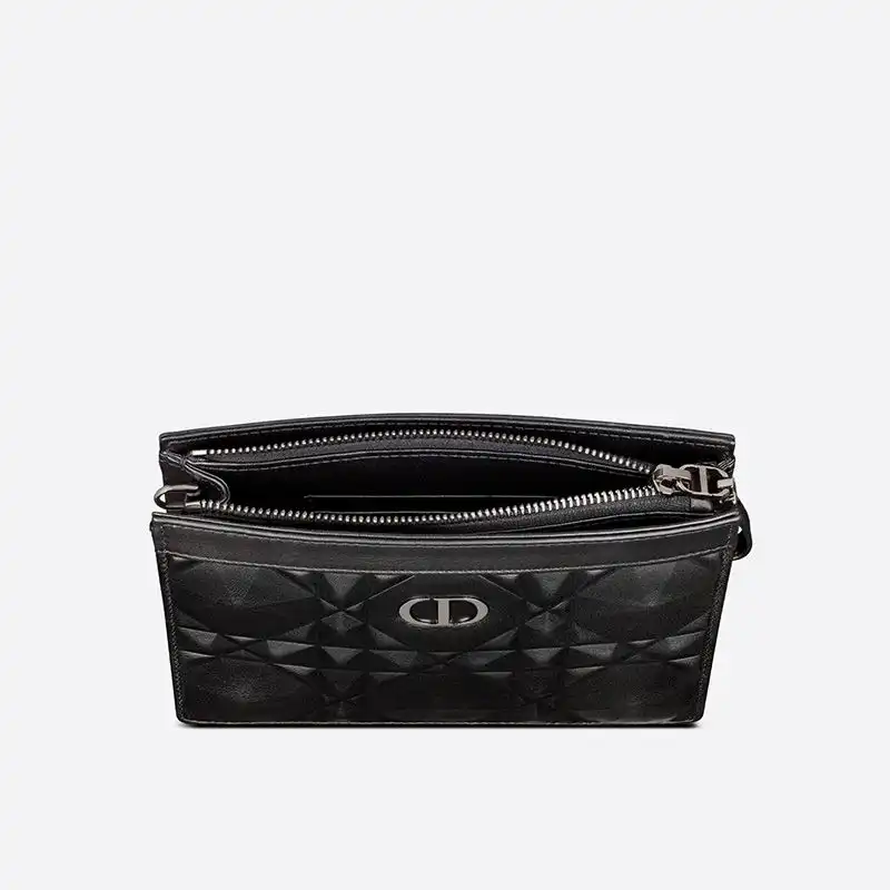 Affordable Hot Dior Caro Zipped Pouch with Chain Cannage Calfskin with Diamond Motif Black