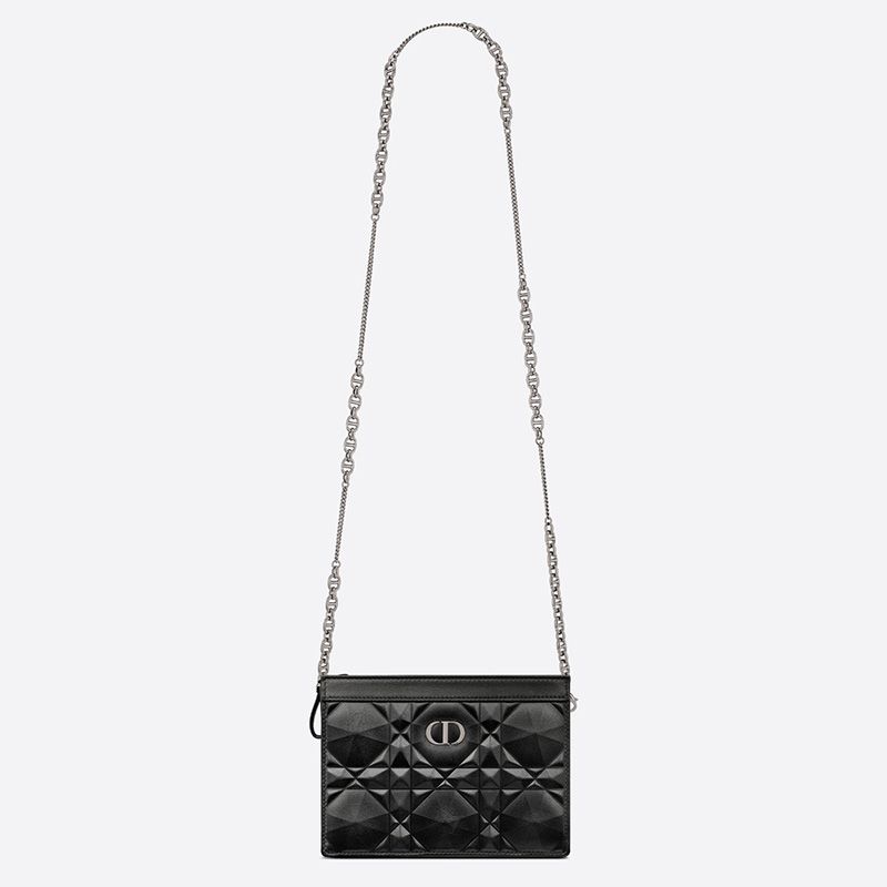 Dior Caro Zipped Pouch with Chain Cannage Calfskin with Diamond Motif Black Hot Sale