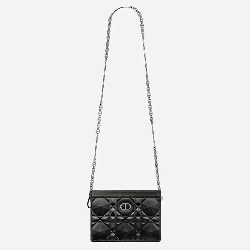 Affordable Hot Dior Caro Zipped Pouch with Chain Cannage Calfskin with Diamond Motif Black