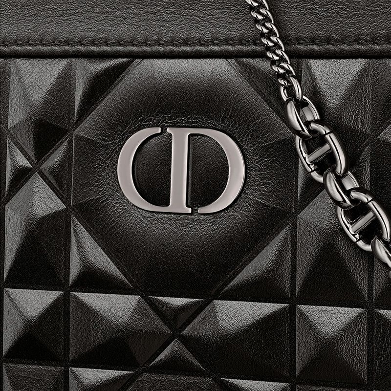 Dior Caro Zipped Pouch with Chain Cannage Calfskin with Diamond Motif Black Hot Sale