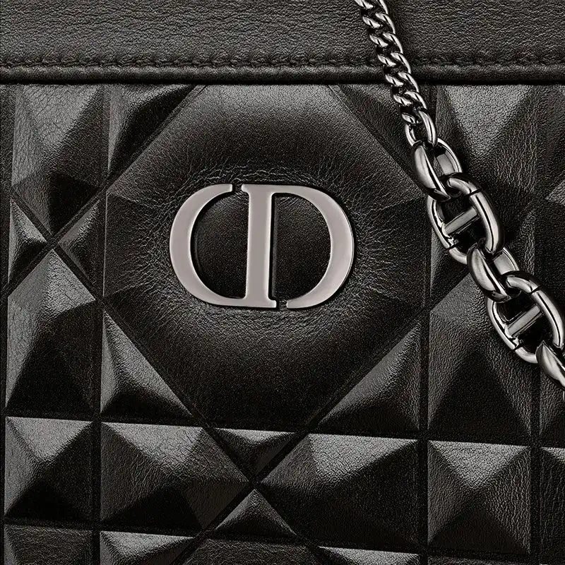 Affordable Hot Dior Caro Zipped Pouch with Chain Cannage Calfskin with Diamond Motif Black