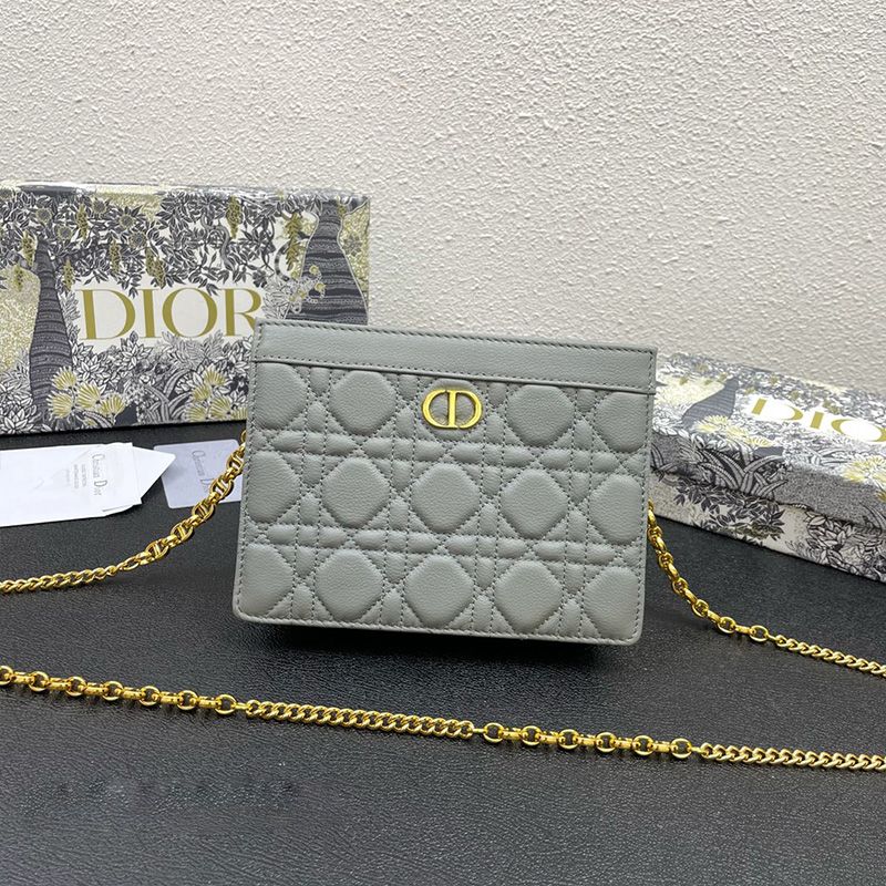 Hot Dior Caro Zipped Pouch with Chain Cannage Calfskin Grey