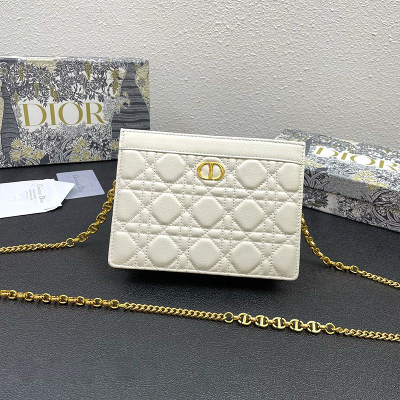 Hot Dior Caro Zipped Pouch with Chain Cannage Calfskin White