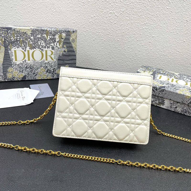 Hot Dior Caro Zipped Pouch with Chain Cannage Calfskin White