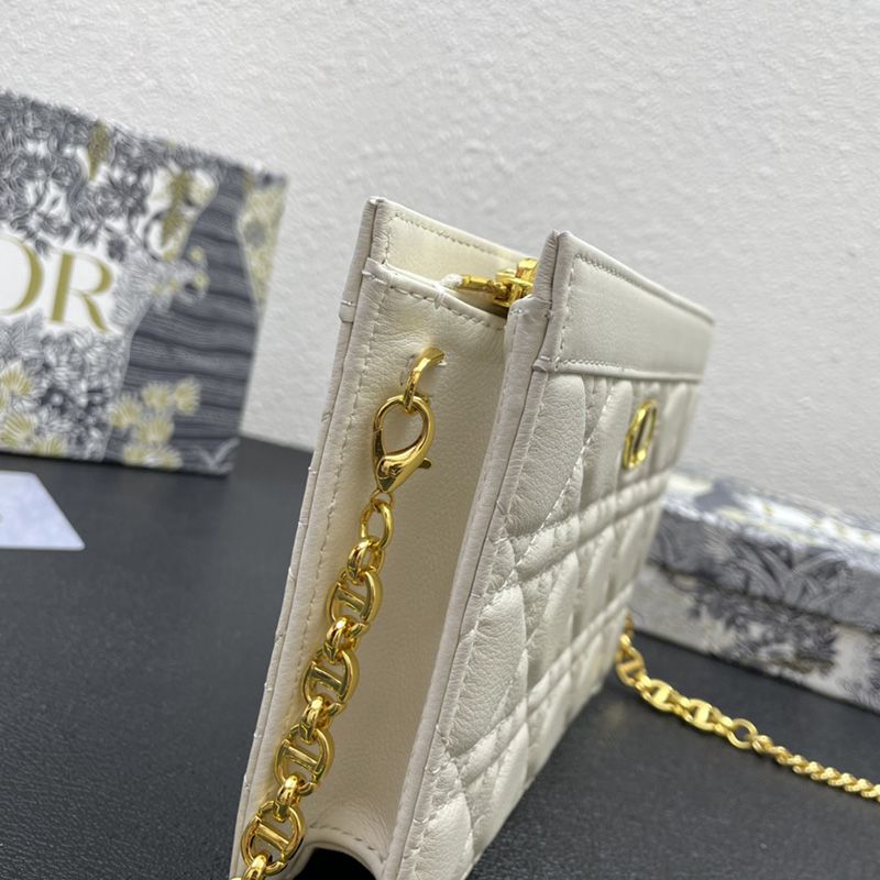 Hot Dior Caro Zipped Pouch with Chain Cannage Calfskin White