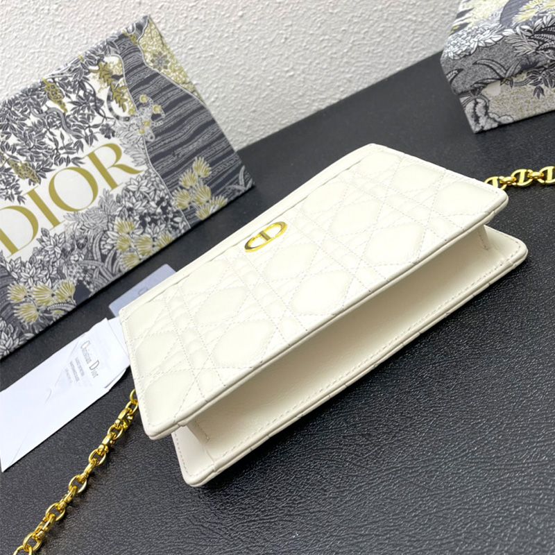 Hot Dior Caro Zipped Pouch with Chain Cannage Calfskin White