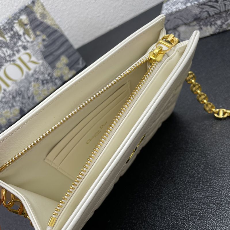 Hot Dior Caro Zipped Pouch with Chain Cannage Calfskin White