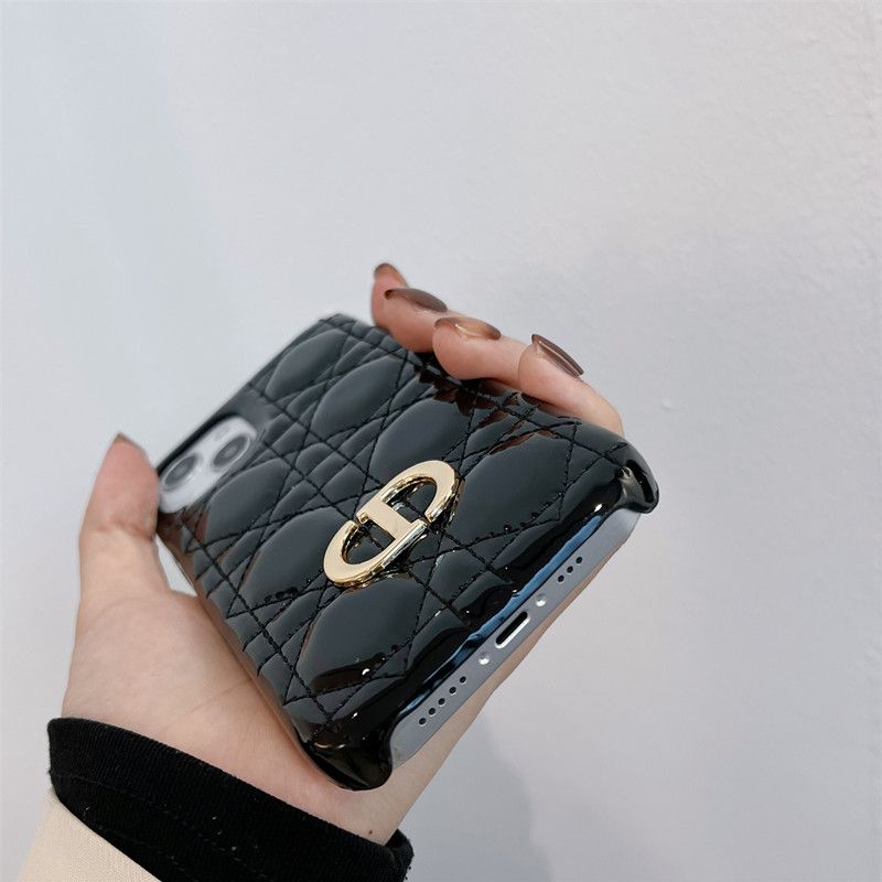 Hot Dior CD iPhone Case Cannage Patent Leather Black