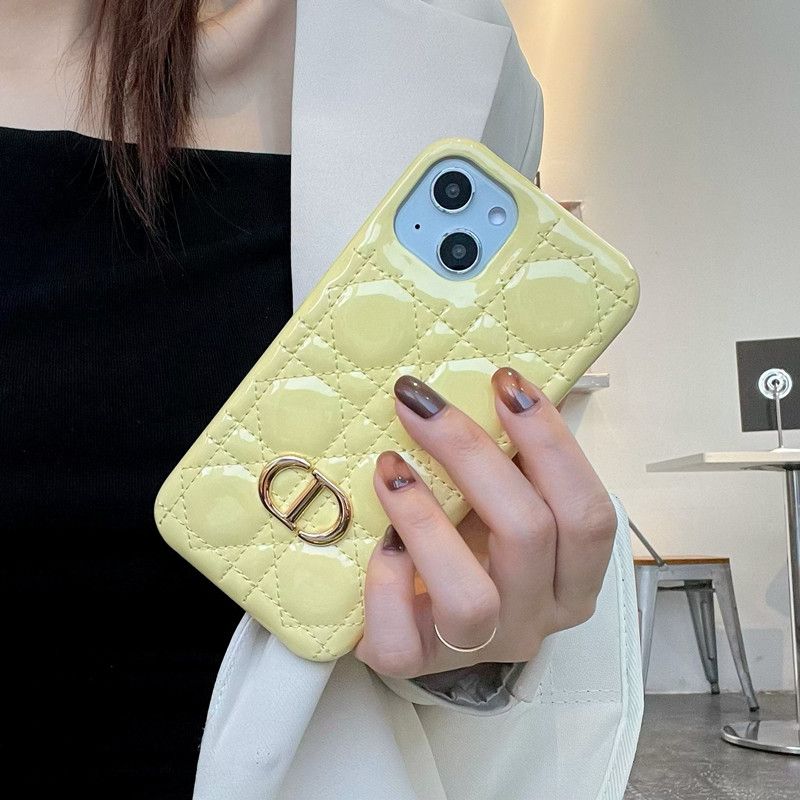 Dior CD iPhone Case Cannage Patent Leather Yellow Hot Sale