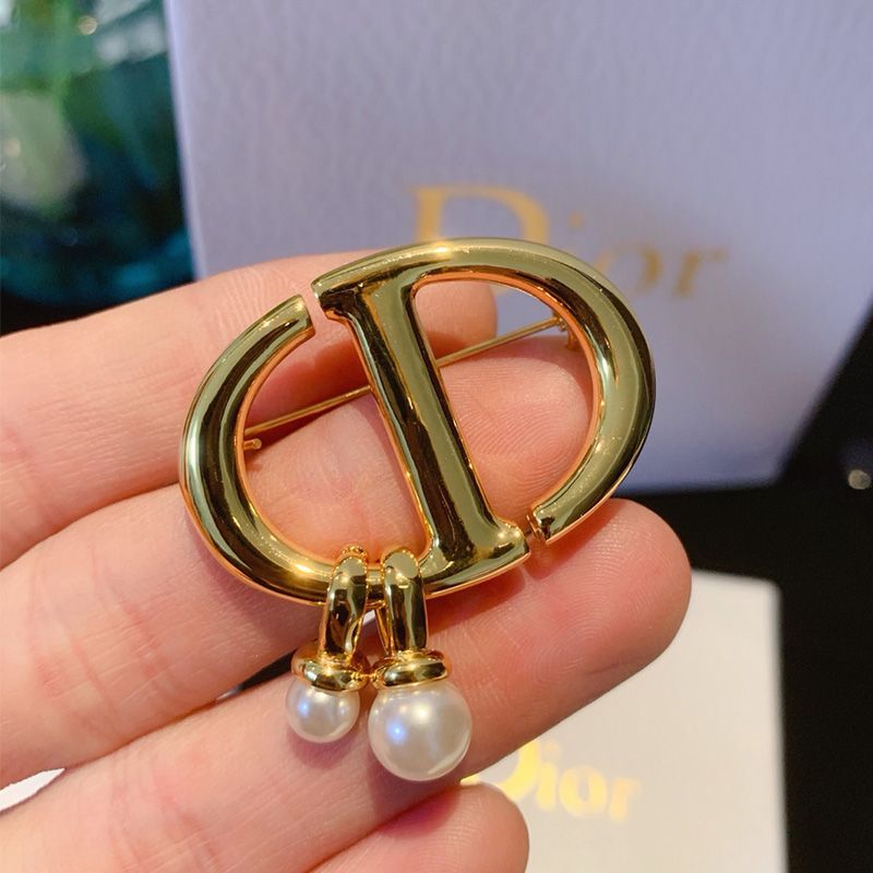 Dior CD Navy Brooch Metal and White Resin Pearls Gold Hot Sale