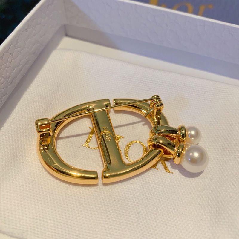 Hot Dior CD Navy Brooch Metal and White Resin Pearls Gold