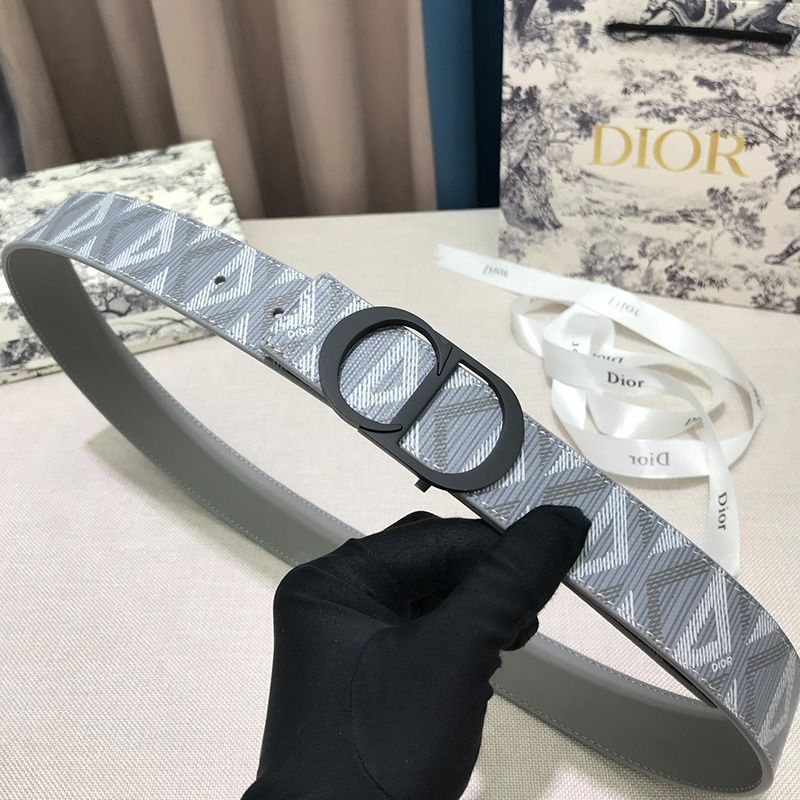 Dior CD Icon Buckle Reversible Belt CD Diamond Motif Canvas Grey Black Hot Sale