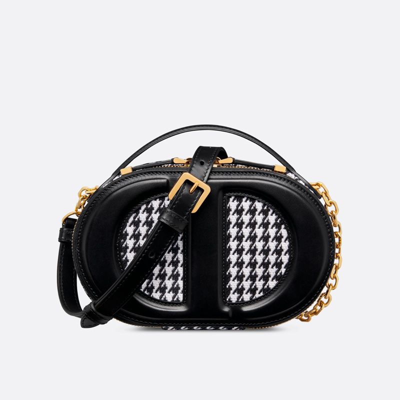 Dior CD Signature Oval Camera Bag Houndstooth Motif Cotton Black Hot Sale