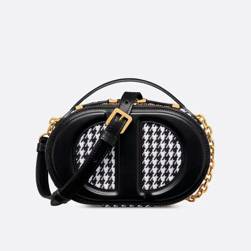 Dior CD Signature Oval Camera Bag Houndstooth Motif Cotton Black Luxury