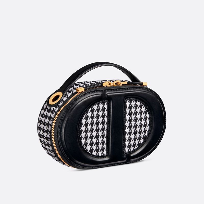 Hot Dior CD Signature Oval Camera Bag Houndstooth Motif Cotton Black