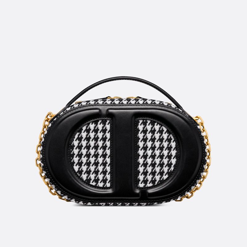 Hot Dior CD Signature Oval Camera Bag Houndstooth Motif Cotton Black