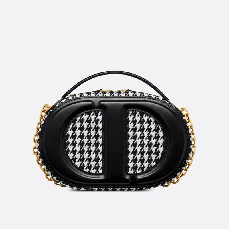 Cheap Dior CD Signature Oval Camera Bag Houndstooth Motif Cotton Black Luxury